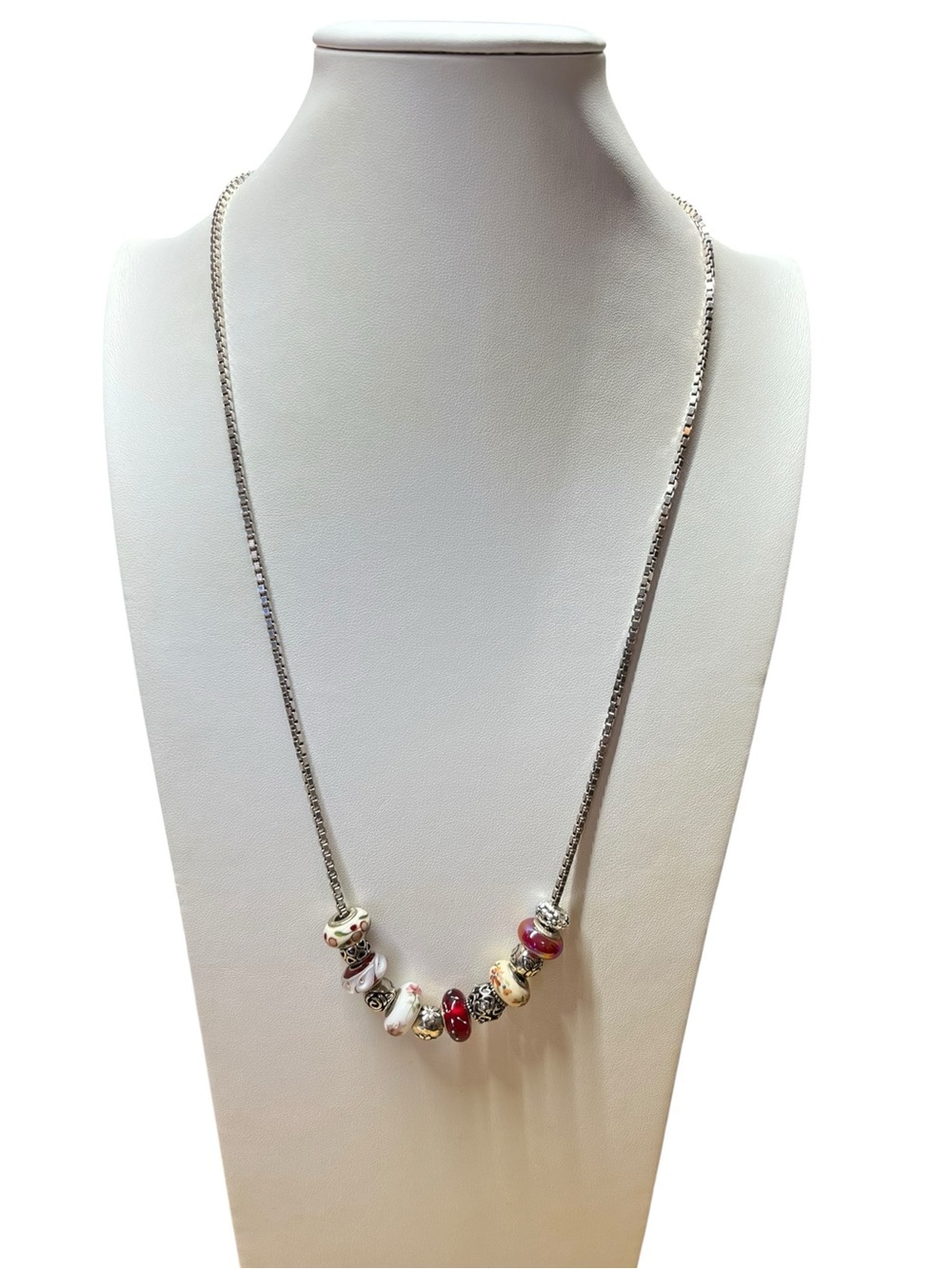 Vintage Fenton Glass Beaded Sterling Silver Chain Necklace 28” Red White Silver